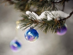 baubles, snow, twig