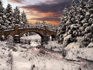 snow, viewes, winter, bridge, trees