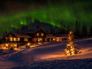 snow, Night, aurora polaris, Lightened House