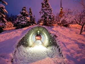snow, tunnel, trees, twilight, viewes