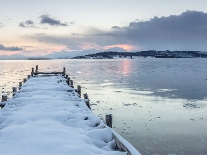 snow, pier, Mountains, winter, lake