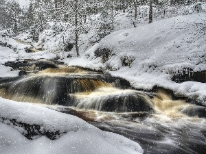 snow, Cascades, water, forest, winter, River