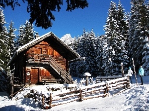 Snowy, house, winter, Conifers, wooden
