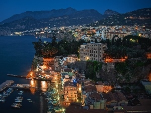 port, Sky, sea, Italy, City at Night, Town, Sorrento