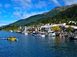 spa, Mountains, River, Motor boat