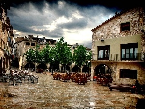 Spain, Girona, Houses, Restaurants