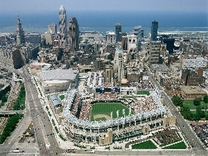 Stadium, skyscrapers, panorama, town