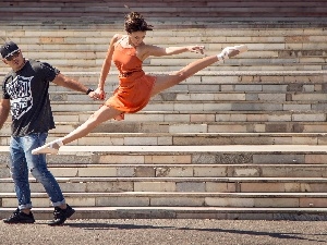 Stairs, a man, Women, dance, Ballet