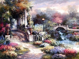 Flowers, brook, Stairs, picture, James Lee, bridges
