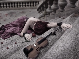 Stairs, violin, fainted, rose, Violinist