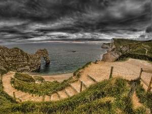 sea, Stairs, clouds