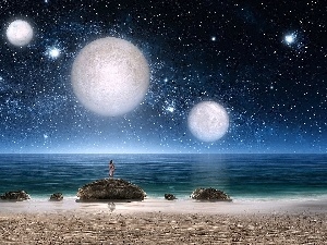 fantasy, star, Planets, girl, sea, Stones, rocks