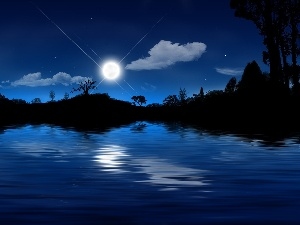star, moon, Night, reflection, lake