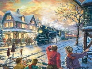 station, christmas, picture, Train, winter