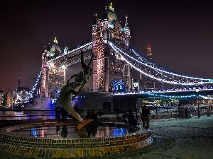 Night, Tower Bridge, Girl with a Dolphin, London, Statue