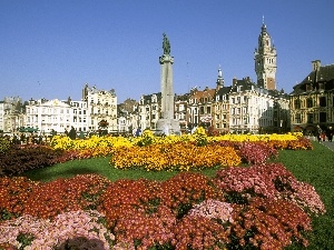 Statue monument, People, Flowers, old town