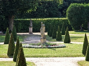 viewes, Statue monument, trees, Park Raczynski, Bush, Rogalin