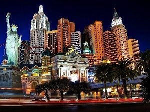 City at Night, skyscrapers, freedom, Hotel hall, clouds, casino, statue