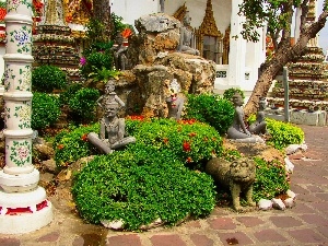 statues, figures, Flower-beds, Bush