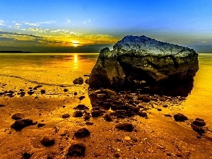 Stones, lake, west, Beaches, sun