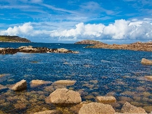 Stones, Mountains, Coast, clouds, Island