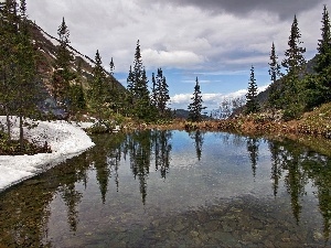 Stones, River, clouds, Mountains