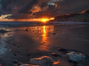 Stones, west, sun, sea, clouds, Beaches