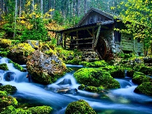 Stones, River, Windmill, forest, water