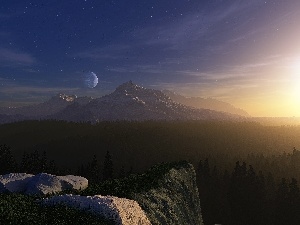 Stones, moon, peaks, Mountains