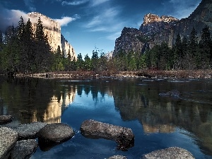 Stones, forest, River, Mountains