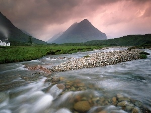 Stones, medows, River, Mountains