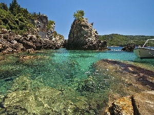 Stones, Motor boat, lake, rocks, Gulf