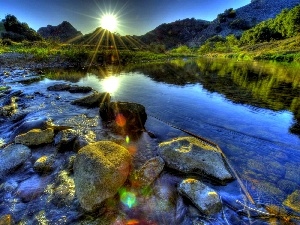 Stones, Mountains, sun, lake