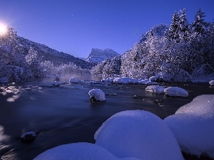 viewes, Stones, River, Mountains, trees, east, sun