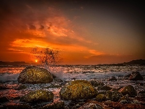 Stones, sea, west, Waves, sun