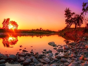 Stones, lake, west, sun