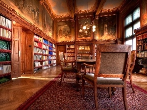 Stool, Books, reading room, paintings, shelves