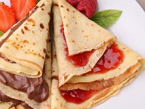 strawberries, chocolate, pancakes, Jam