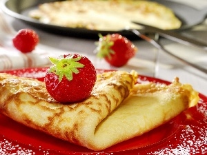 pancakes, strawberries, plate