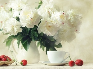 Peonies, strawberries, White