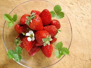 strawberries, leaves, salad-bowl