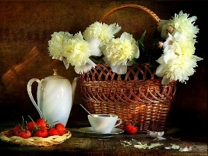 strawberries, Peonies, wicker, basket