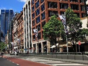 Sydney, Street, York, Houses, fragment, skyscrapers, clouds