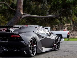 Street, Sesto Elemento, Black, trees, Lamborghini