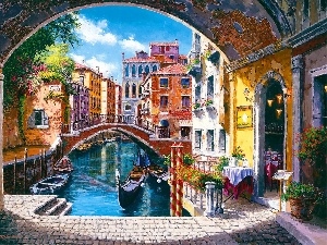 Street, bridge, canal, Venice, View, Houses