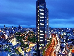 Sky, Streets, skyscrapers, View, moon, town, buildings