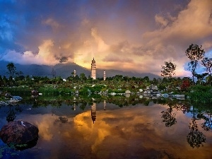 structures, high, lake, clouds, Stones