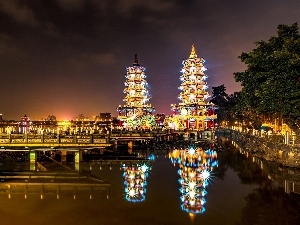 structures, oriental, Town, Taiwan, Night