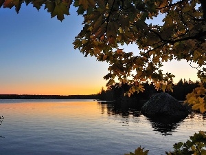 sun, woods, east, lake, autumn, Rocks