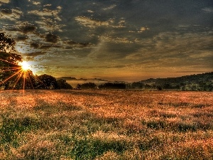 autumn, sun, rays, medows, clouds, Mountains, woods